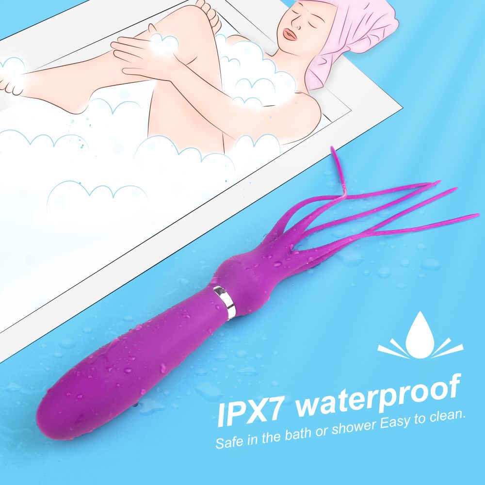 Lila Vibrator mit tentakelartigen Enden. Zylindrischer Griff, silberner Ring. Vier Tentakel. Aus Silikon. Wasserdicht.