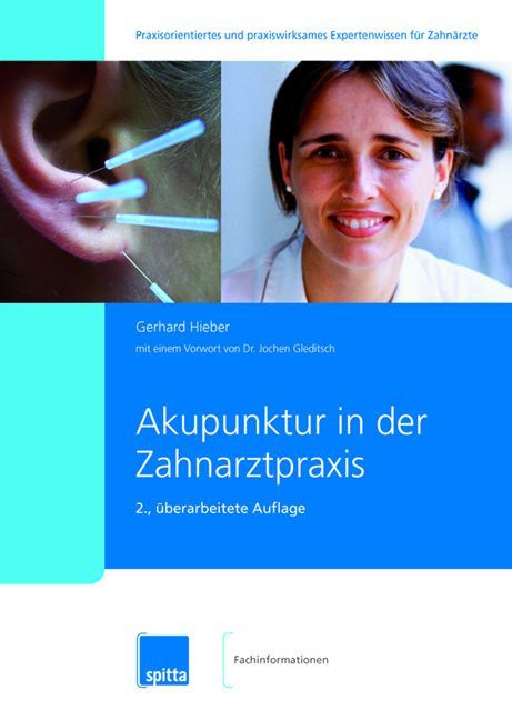 Buchcover: Akupunktur in der Zahnarztpraxis. Titel, Autor, Auflage. Bild einer Frau und Ohr mit Akupunkturnadeln.