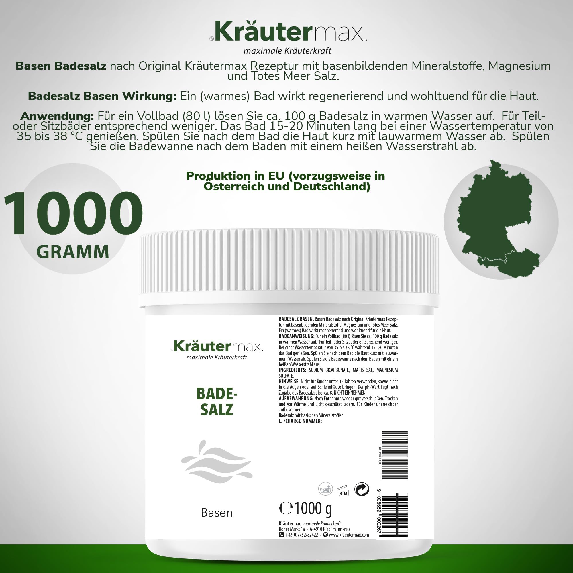 Kräutermax Badesalz Basenbad mit Magnesium und Totes Meer Salz 1000 g