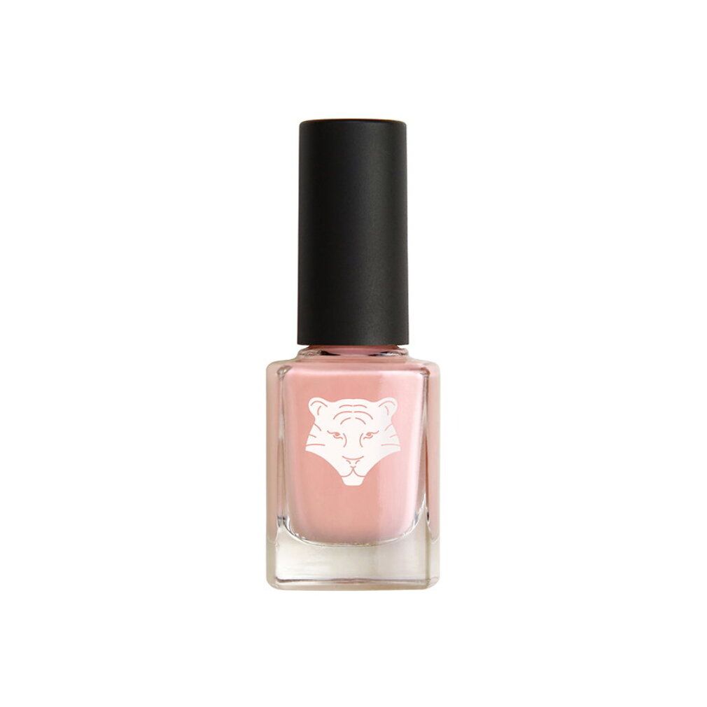 Rosa Nagellack in Glasflasche mit schwarzem Deckel und weißem Tiger-Logo.