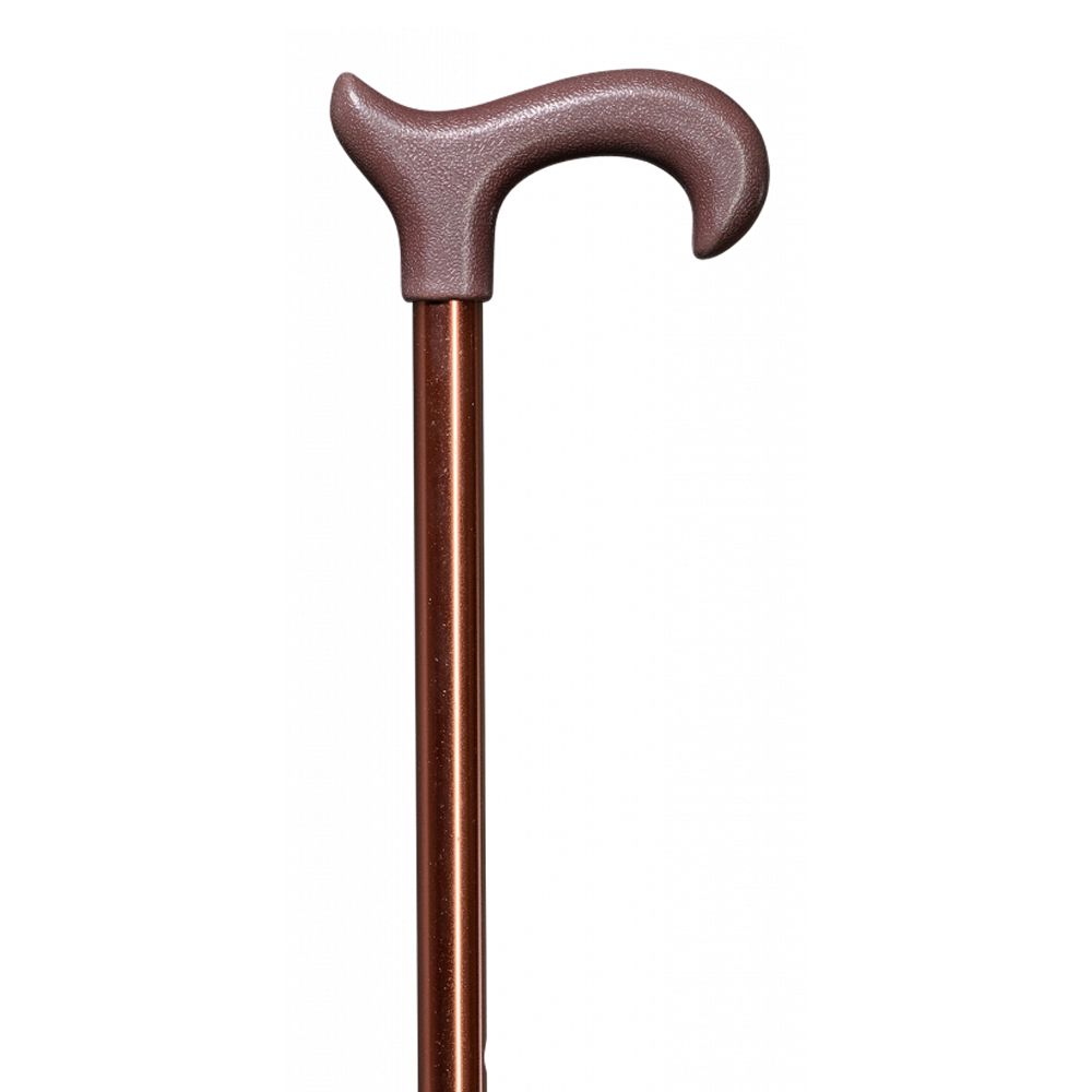 Gehstock mit braunem Derby-Griff und bronzefarbener Stange. Ergonomischer Griff, gerade Stange.