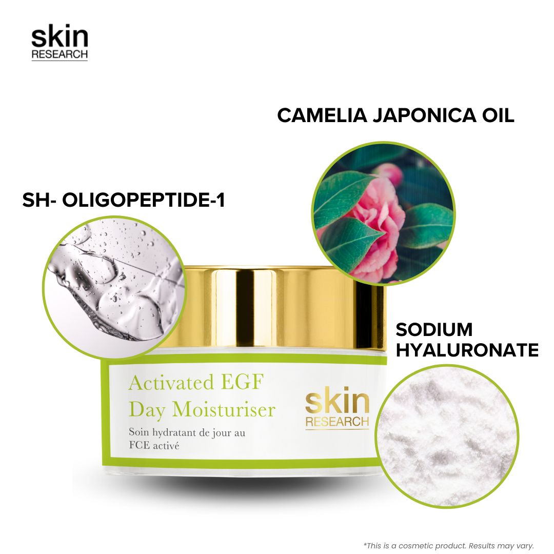 Cremebehälter mit goldenem Deckel. Grafische Elemente: SH-Oligopeptide-1, Camelia Japonica Oil, Sodium Hyaluronate.