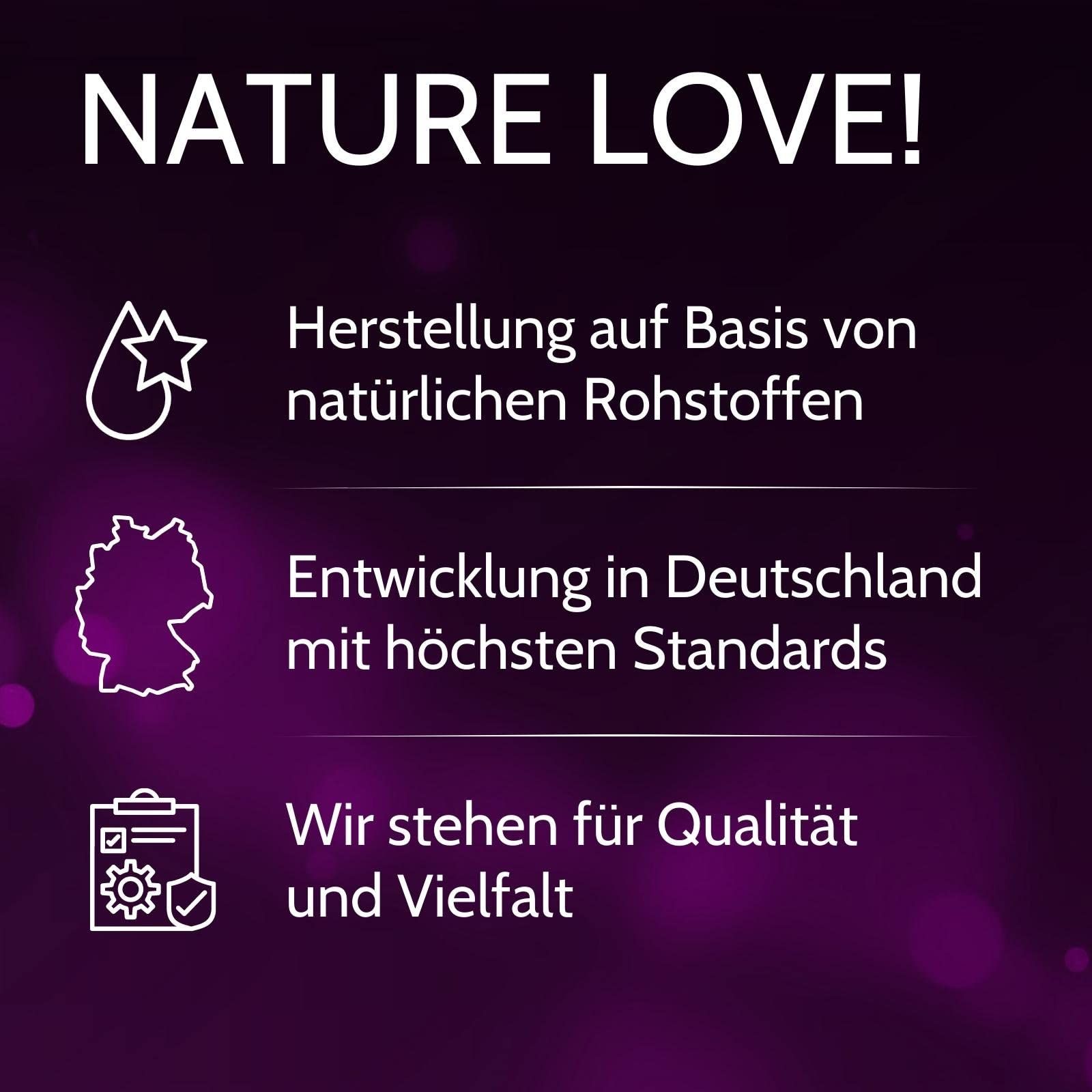 Verpackung mit der Aufschrift 'NATURE LOVE!', Herstellung aus natürlichen Rohstoffen, Entwicklung in Deutschland.