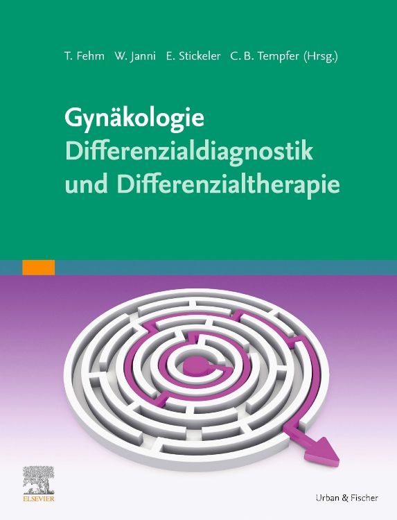 Buchcover mit Titel: Gynäkologie, Differenzialdiagnostik und Differenzialtherapie. Abgebildet ist ein Labyrinth mit Pfeil. Verlag: Urban & Fischer.