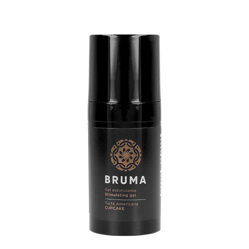 Schwarzer Spender mit BRUMA Logo, "Gel estimulante Stimulating gel Tarta Americana CUPCAKE" Aufschrift.
