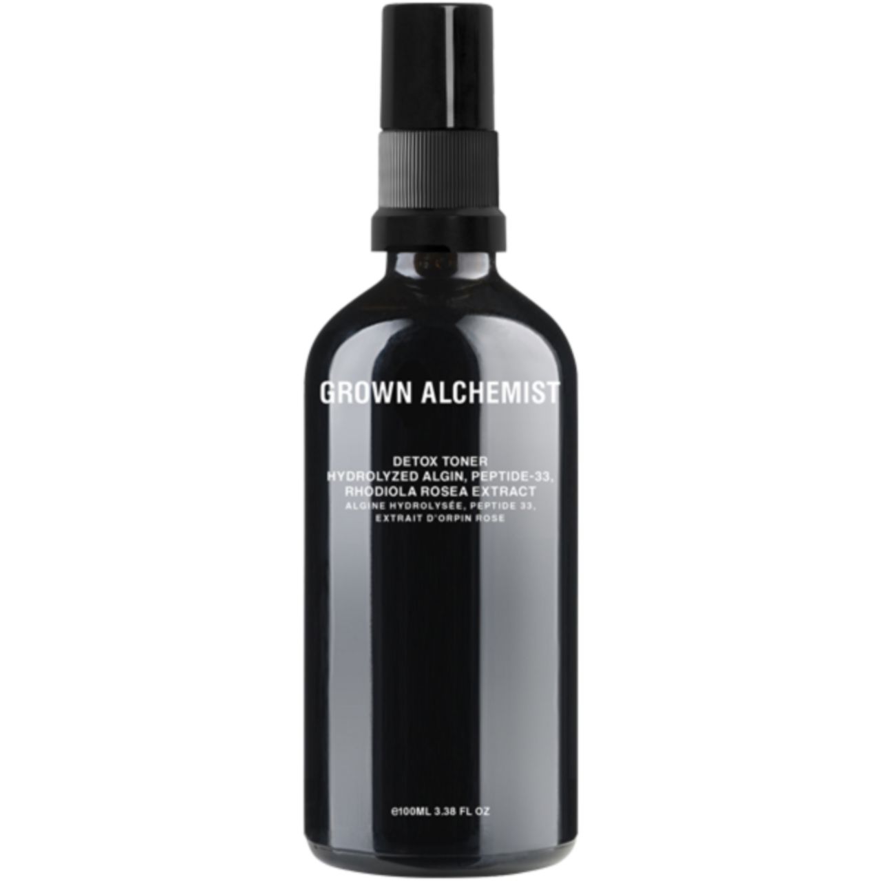 Schwarze Flasche mit Sprühkopf. Aufschrift: Grown Alchemist Detox Toner. Text in weißer Schrift.