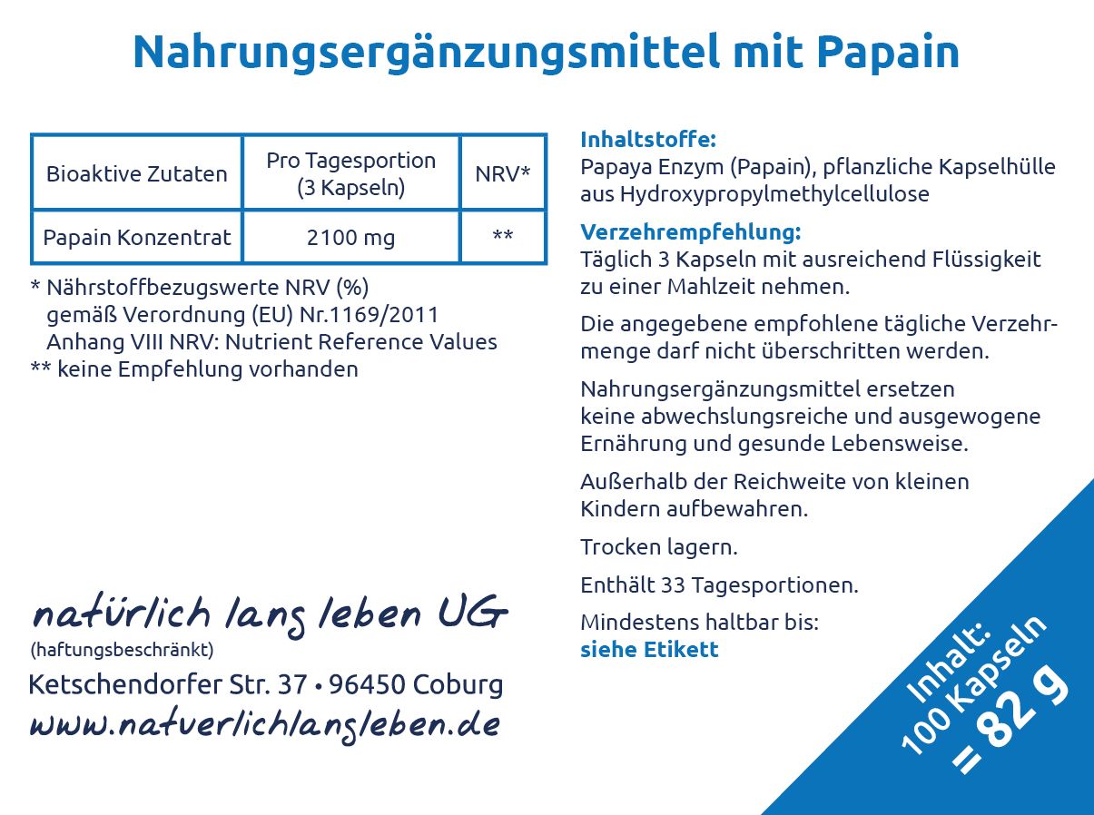 Etikett mit Informationen zu Papain Enzym Kapseln. Enthält Nährwertangaben, Inhaltsstoffe und Verzehrempfehlung.