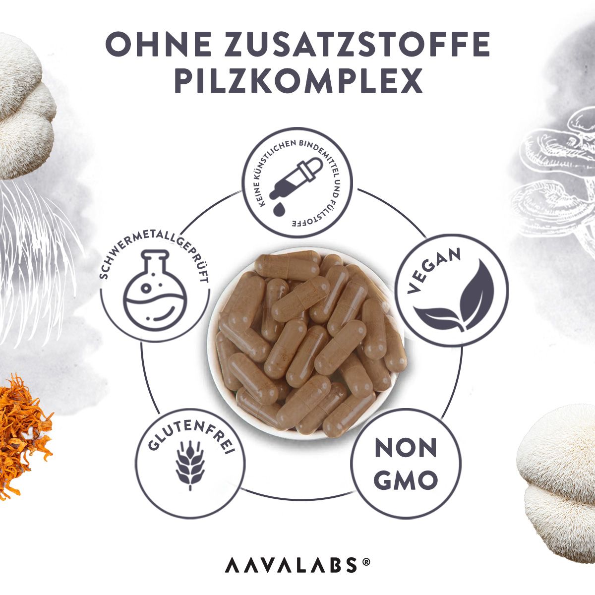 Produkt mit Illustrationen und Text. Enthält Informationen über Inhaltsstoffe und Vorteile. Marke: AAVALABS.