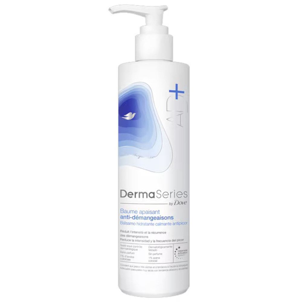 Weißer Spender mit Pumpe. Aufschrift: DermaSeries, Baume apaisant anti-démangeaisons. Blauer, wellenförmiger Hintergrund.