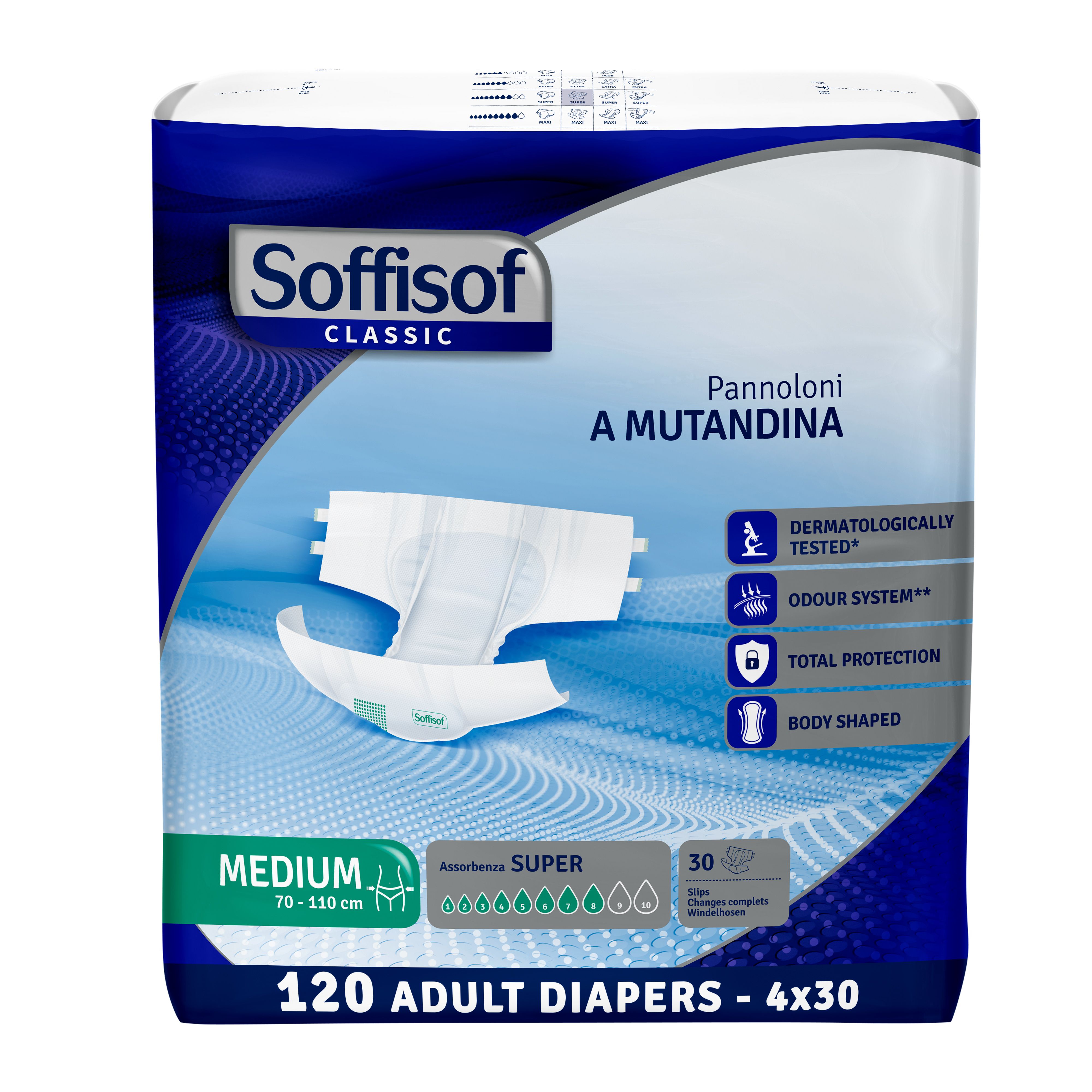 Soffisof Classic Super volwassen luiers. Medium, 70-110 cm. 30 stuks. Dermatologisch getest.