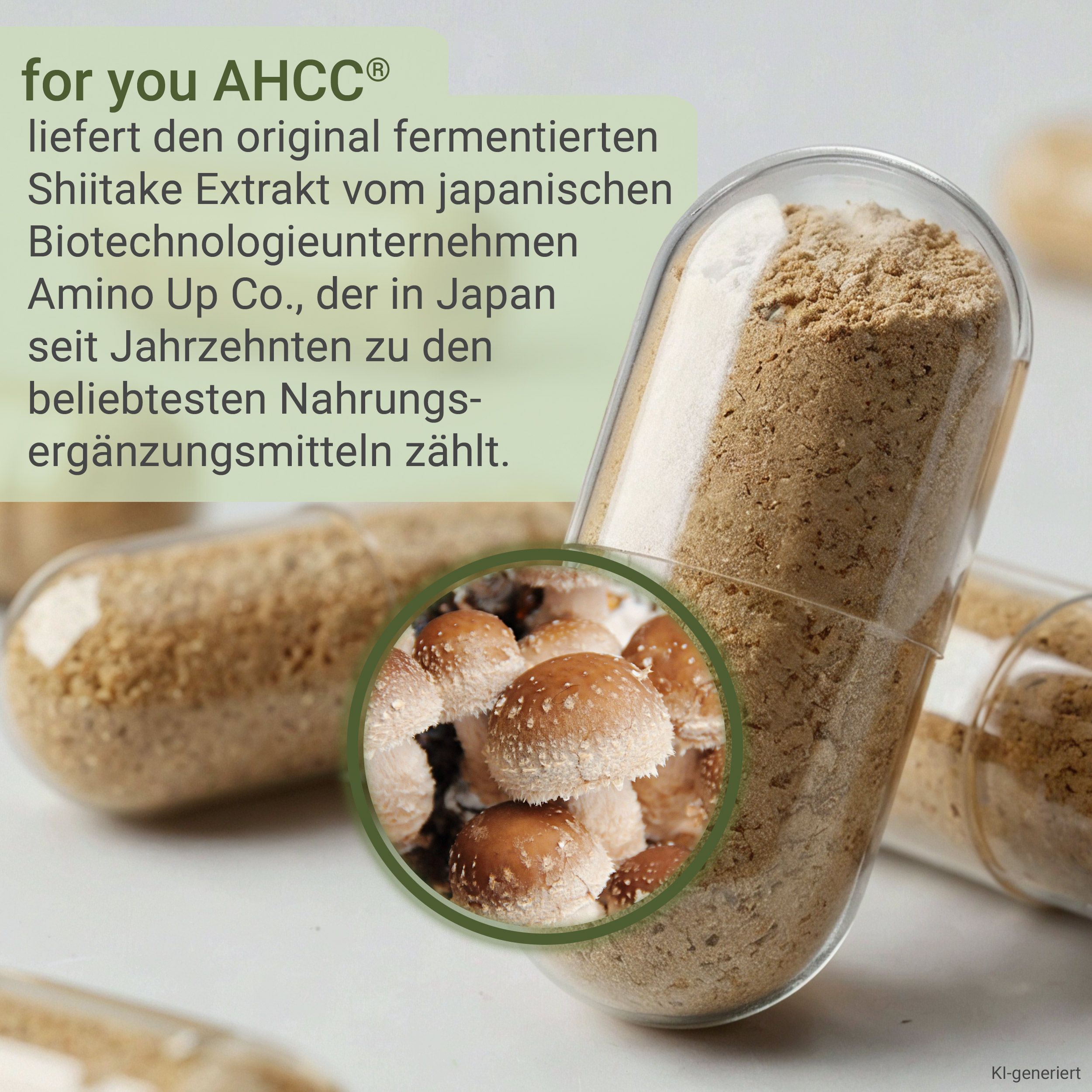 Eine transparente Kapsel gefüllt mit braunem Pulver, daneben eine Nahaufnahme von Shiitake-Pilzen.