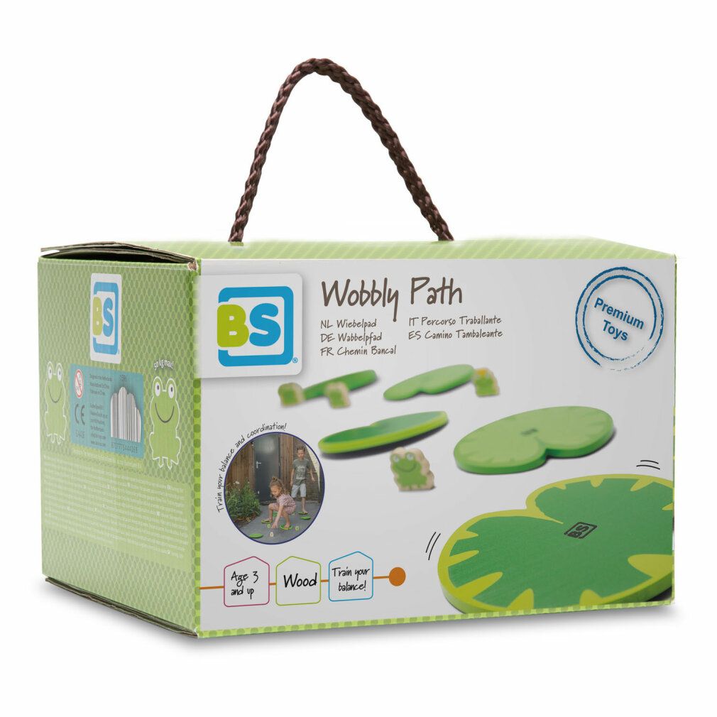 Verpackung von BS Toys Wobbly Path. Grün-weiße Box mit Tragegriff. Produktabbildungen: grüne Seerosenblätter und Holzfrösche.
