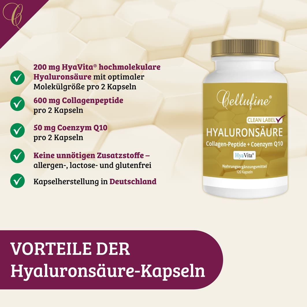 Produktvorteile. Enthält Informationen zu Inhaltsstoffen, wie Hyaluronsäure, Collagen-Peptide und Coenzym Q10. Keine Zusatzstoffe.