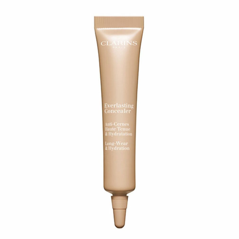 Beige Concealer-Tube. Aufschrift: CLARINS, Everlasting Concealer, Anti-Cernes, Haute Tenue & Hydratation, Long-Wear & Hydratation.