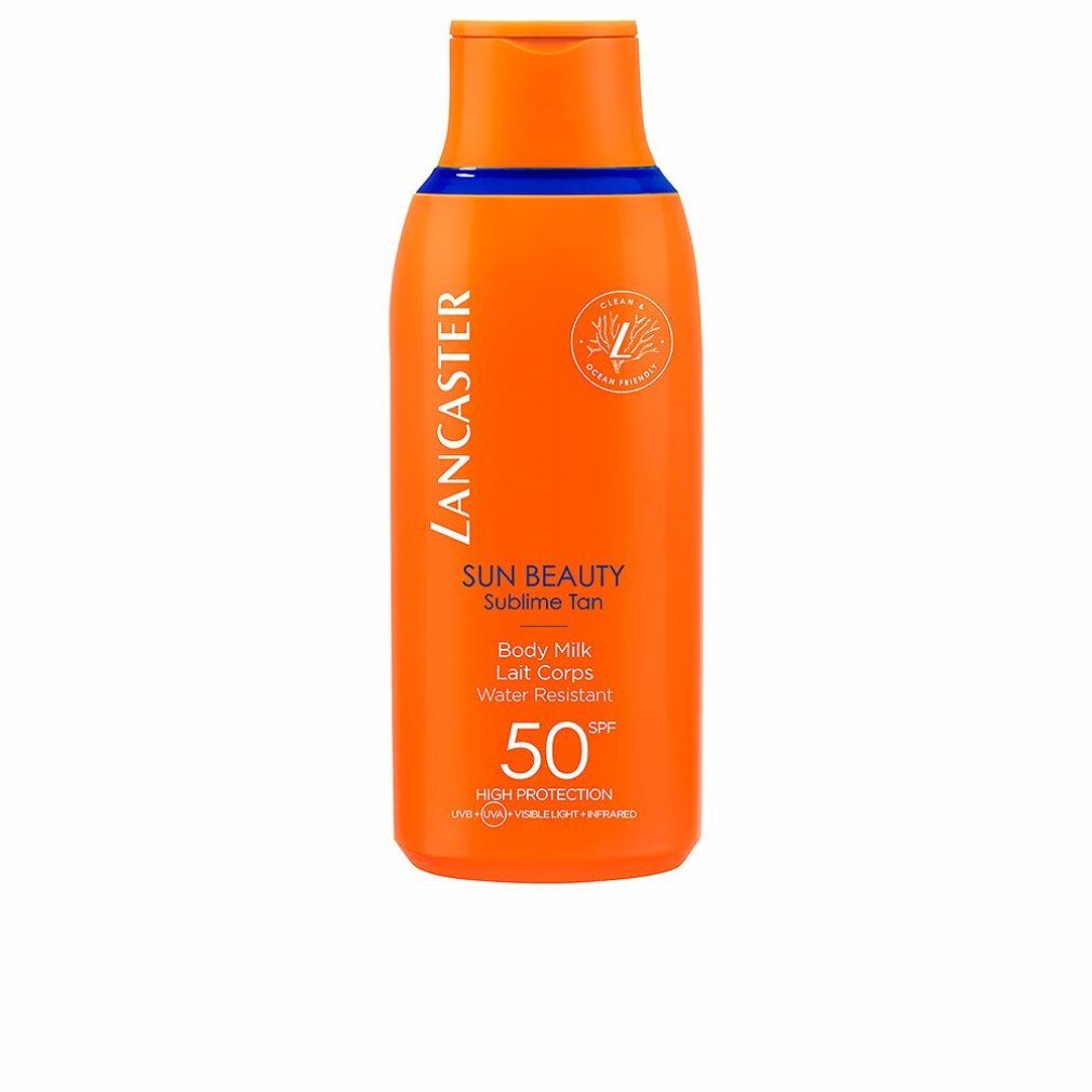 Orangefarbene Flasche mit blauem Deckel. Text: Lancaster, Sun Beauty, SPF 50, wasserfest.