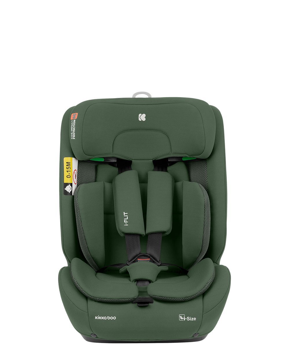 Grüner Kindersitz mit drehbarer ISOFIX-Basis, verschiedene Seitenansichten.