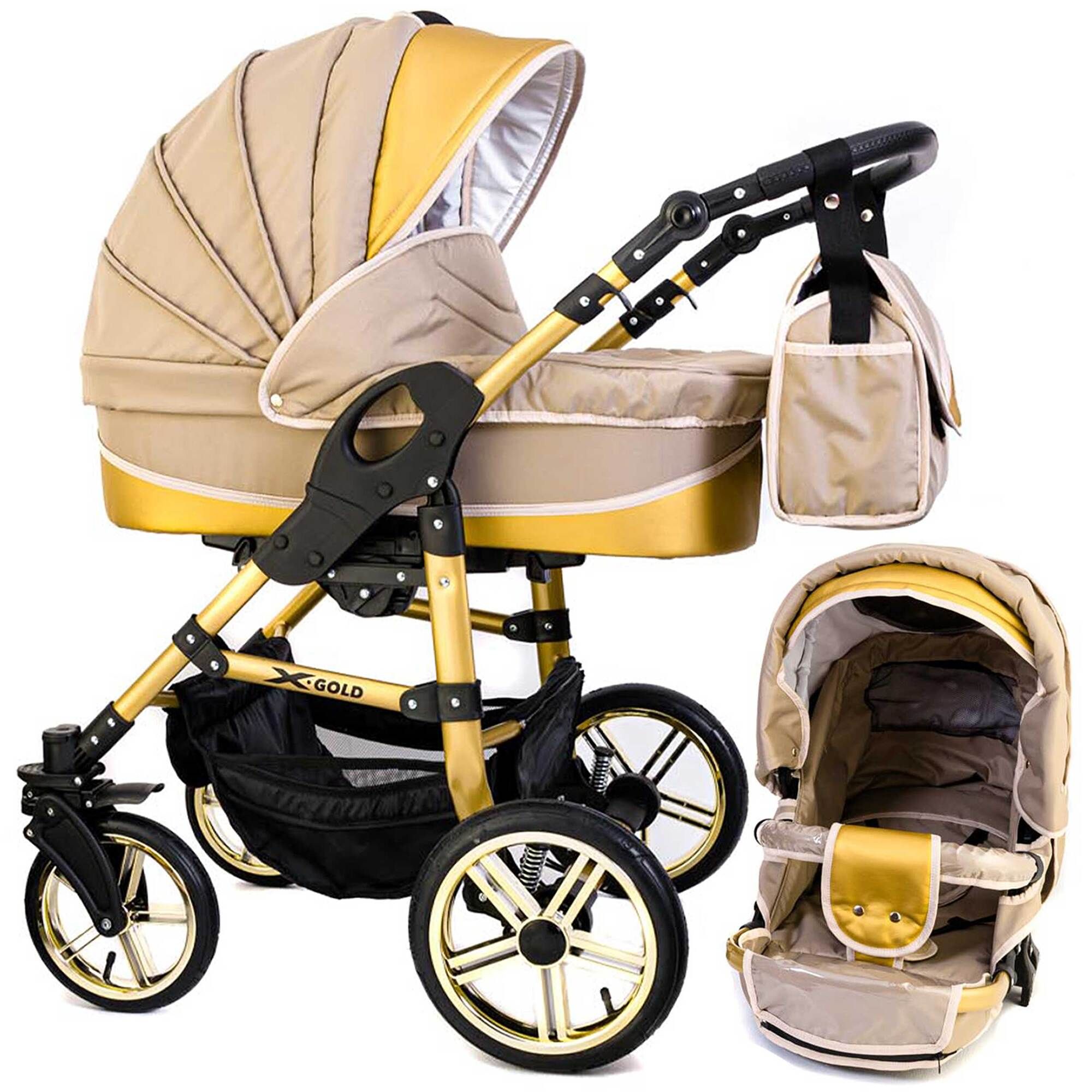 Beige Kinderwagen mit goldenen Akzenten und Luftreifen. Enthält eine Tragetasche und eine separate Sitzeinheit. Schwarzer Korb unten.