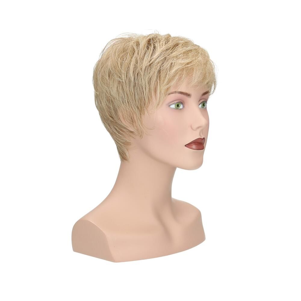 Blonde Perücke auf einem Schaufensterkopf. Kurzer, gestufter Schnitt. Der Kopf ist von der Seite zu sehen.