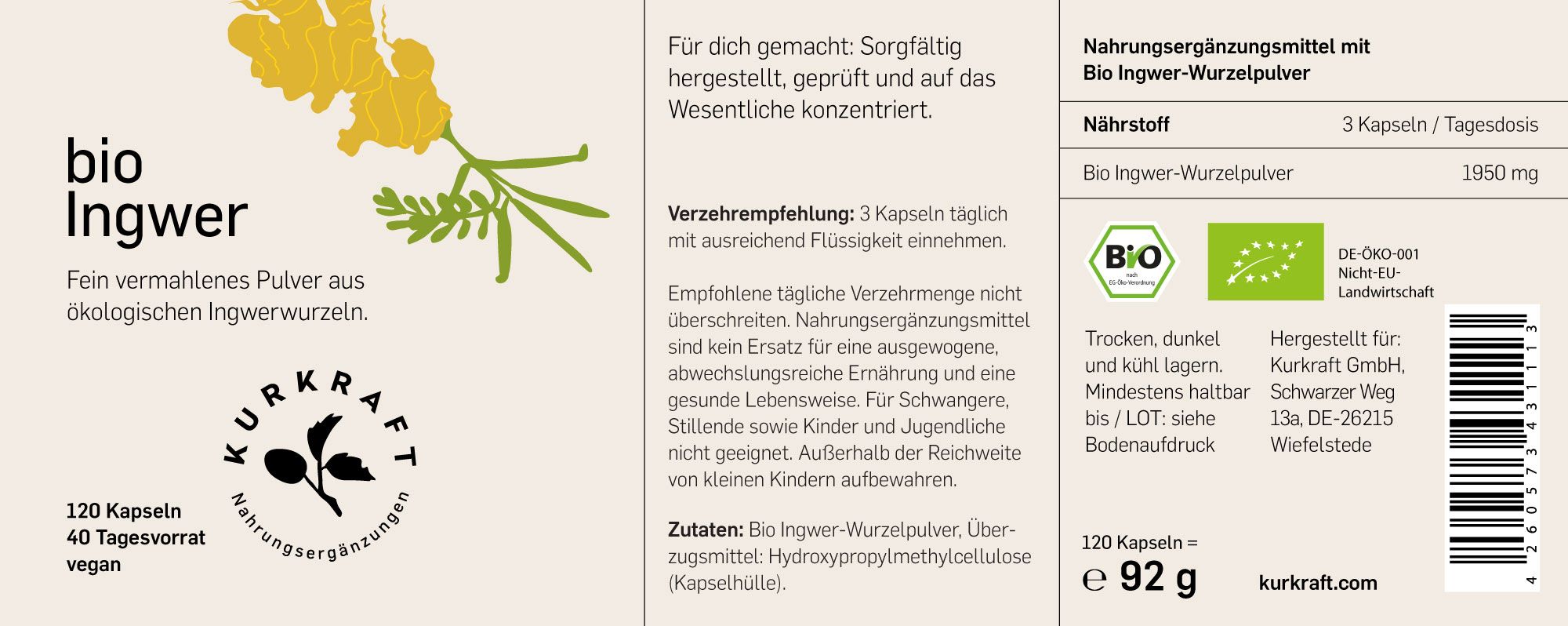 Etikett mit Text: Bio Ingwer, 120 Kapseln, 40 Tagesvorrat. Bio-Siegel. Text: Nahrungsergänzungsmittel. Herstelleradresse.