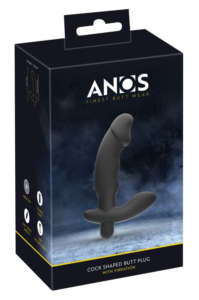 Verpackung von ANOS. Schwarze Box mit Produktabbildung. Cockförmiger Butt Plug mit Vibrationsfunktion.