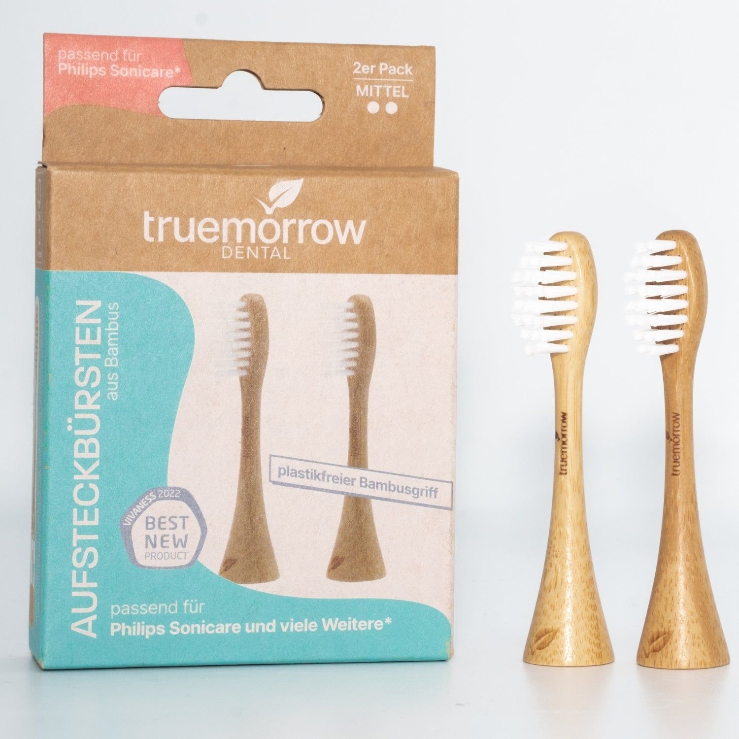 truemorrow Aufsteckbürsten aus Bambus für Philips Sonicare -2er, Weiß, Mittel