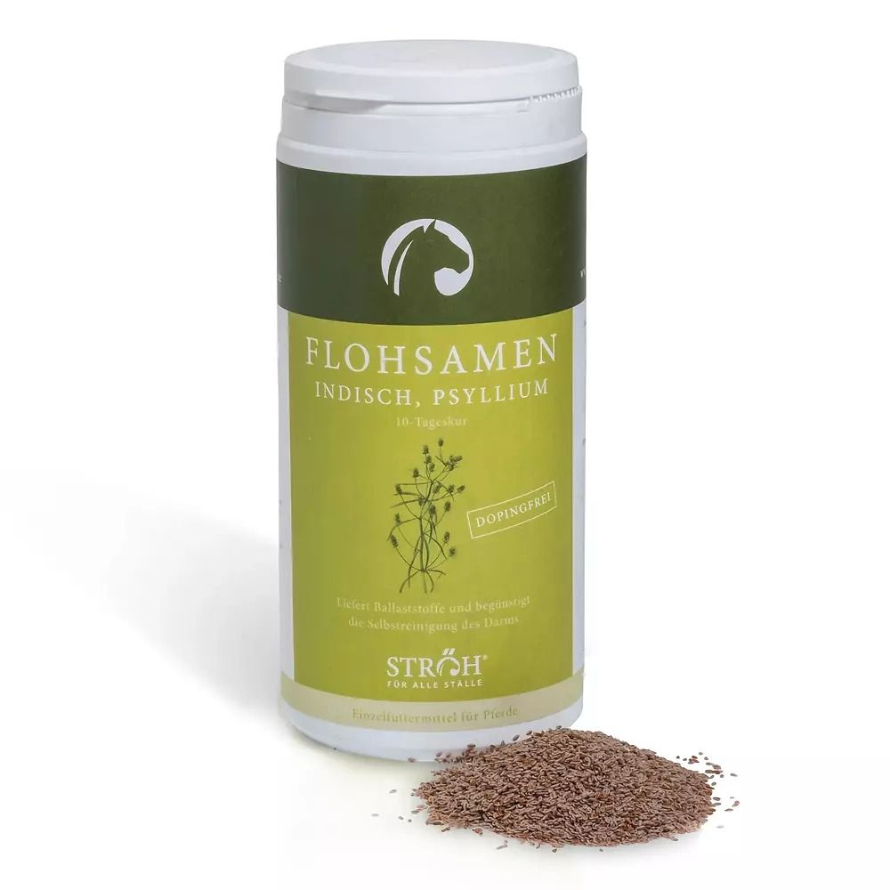 Weißes Gefäß mit grünem Etikett. Aufschrift: Flohsamen, indisch, Psyllium. Kleiner Haufen brauner Samen daneben. Marke: STRÖH.