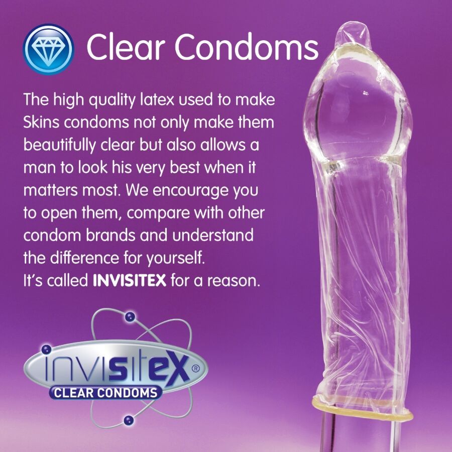 Durchsichtiges Kondom. Marke: SKINS. Aufschrift: Clear Condoms. Logo: InvisiTex. Produktmerkmal: transparent.