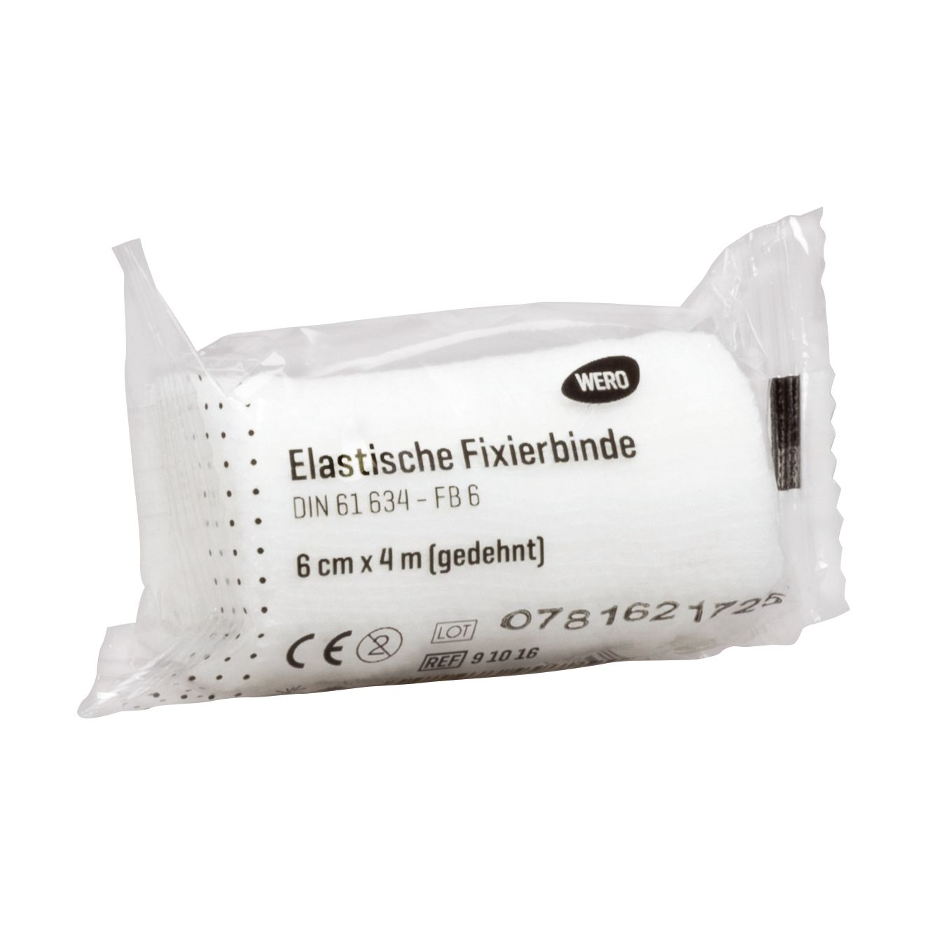 Elastische Fixierbinde in Folienverpackung. Aufschrift: 6 cm x 4 m, WERO, CE-Zeichen.