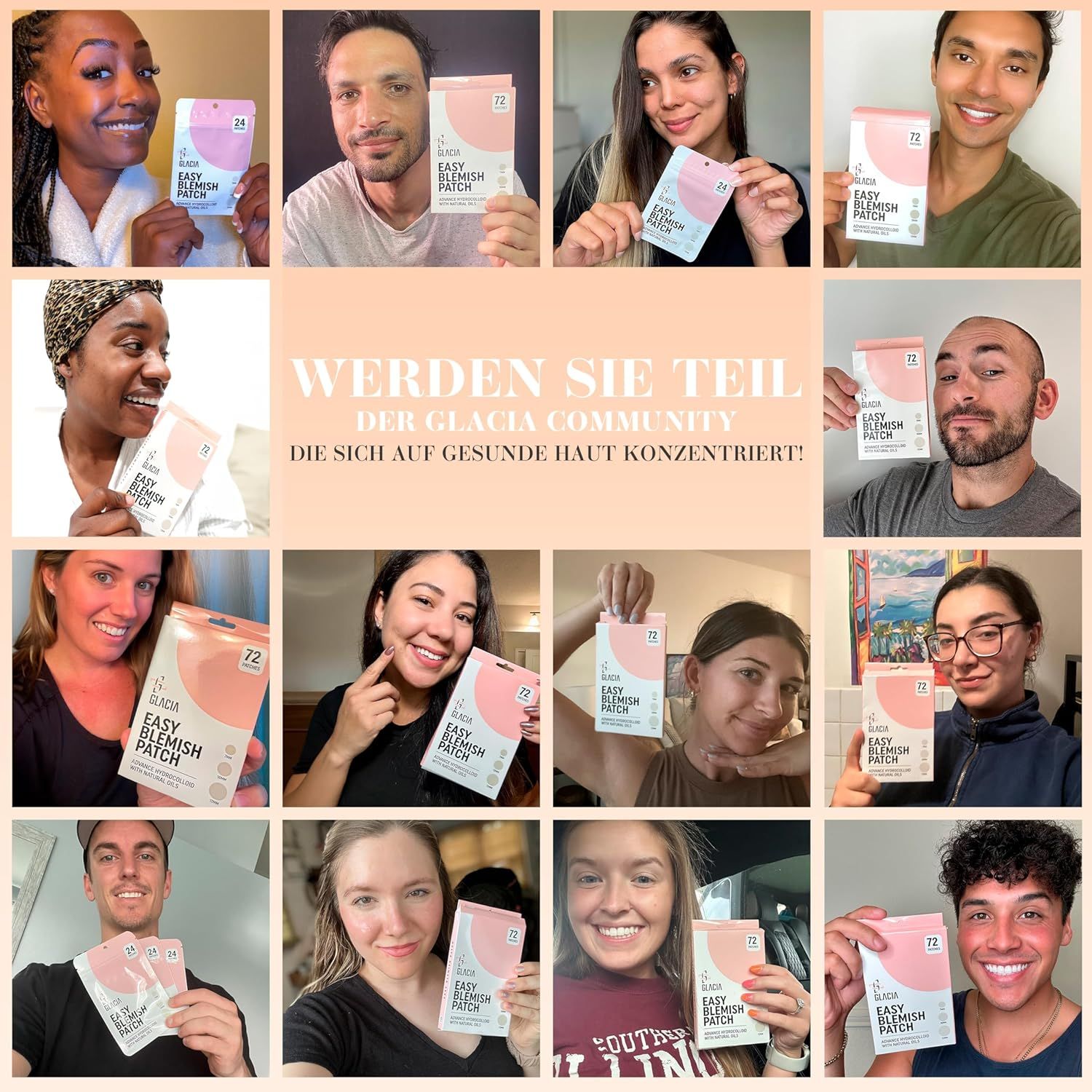 Mehrere Personen halten Glacia Easy Blemish Patch Packungen. Werden Sie Teil der Glacia Community. Rosa-weißes Design.
