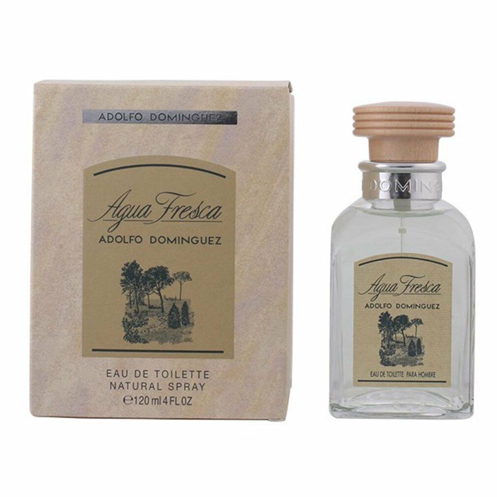 Eau de Toilette-Spray und Karton. Flakon mit Holzdeckel. Aufschrift: Agua Fresca, Eau de Toilette. Karton: Adolfo Dominguez.