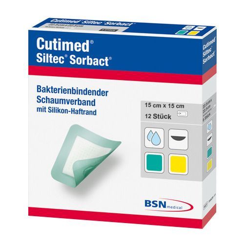 Verpackung mit Cutimed Siltec Sorbact. 15 cm x 15 cm, 12 Stück. Mit Produkt- und Markenbezeichnung. BSN medical Logo.