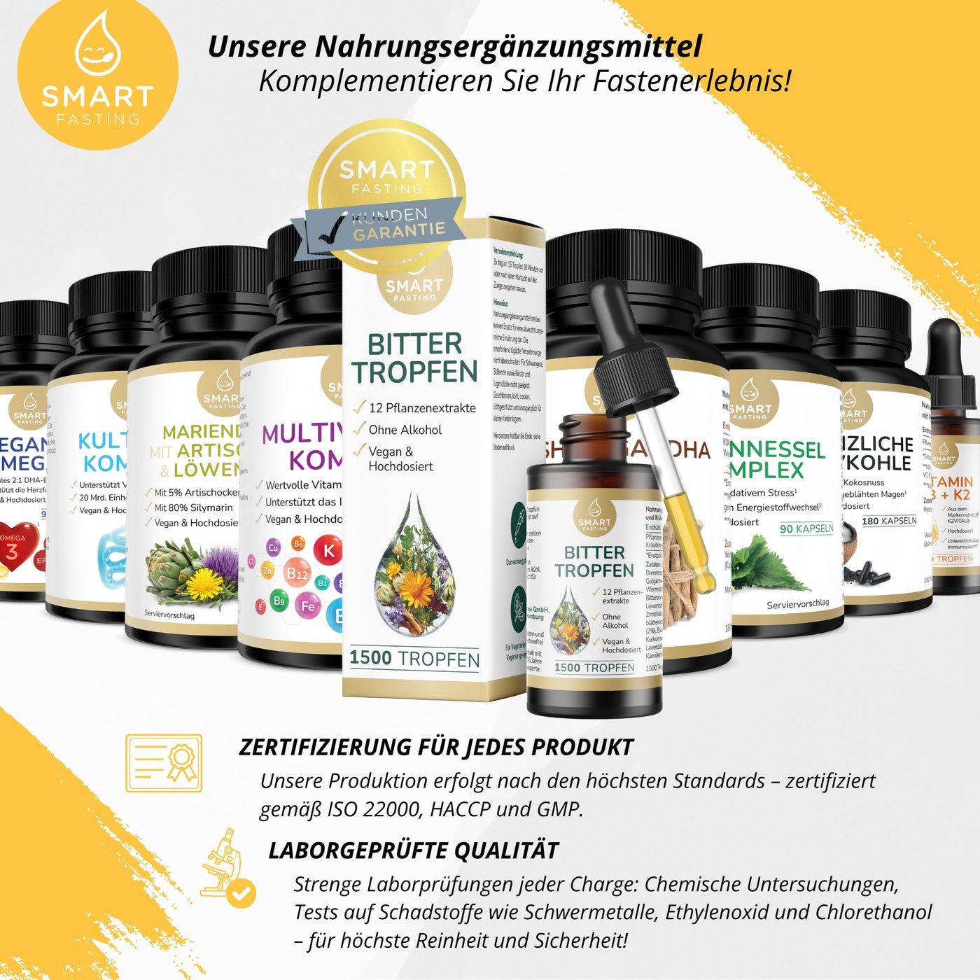 Mehrere Flaschen und Kartons. Eine Flasche mit Tropfer. Text: Bitter Tropfen, 12 Pflanzenextrakte, ohne Alkohol, vegan, hochdosiert. Zertifizierungen.