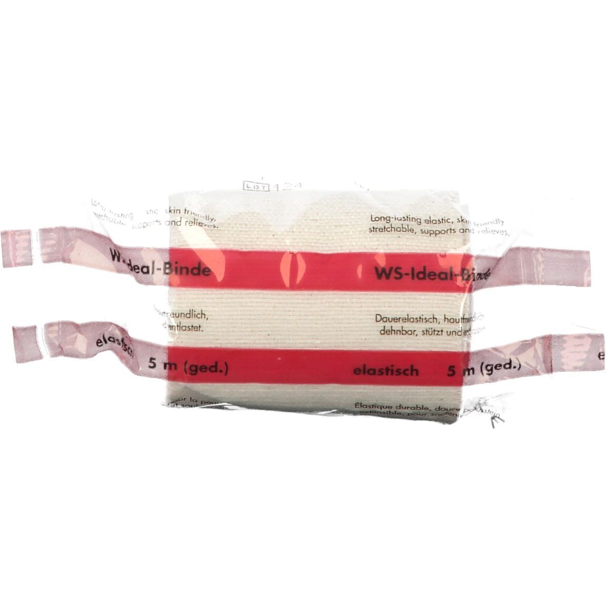 Verband WS-Ideal-Binde, 5 m. In Folienverpackung. Roter Streifen mit Produktbezeichnung und Größenangabe.