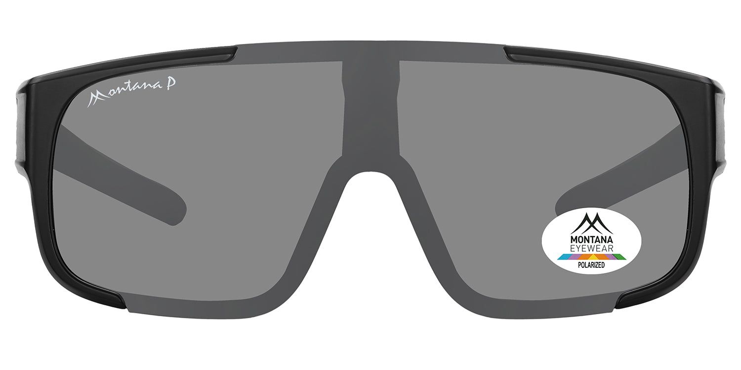Sonnen-Überbrille, schwarz, graue Gläser. Montana Eyewear Logo und Polarized-Aufkleber. Rechteckige Form.