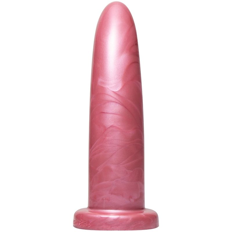 Rosa Dildo mit abgerundeter Spitze. Basis mit Schriftzug.