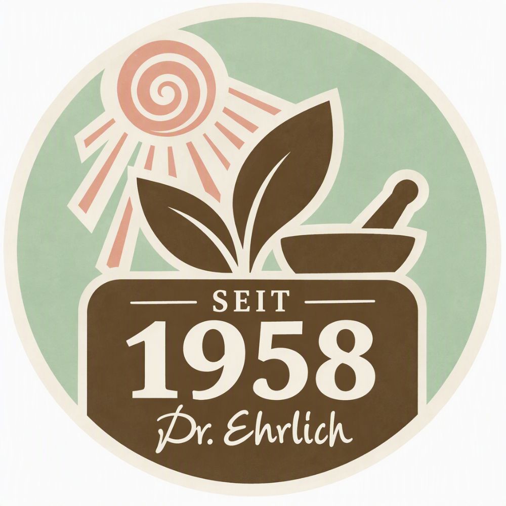 Dr. Ehrlichs Logo: Heilpflanzen, Mörser und Stößel, Sonne, seit 1958.