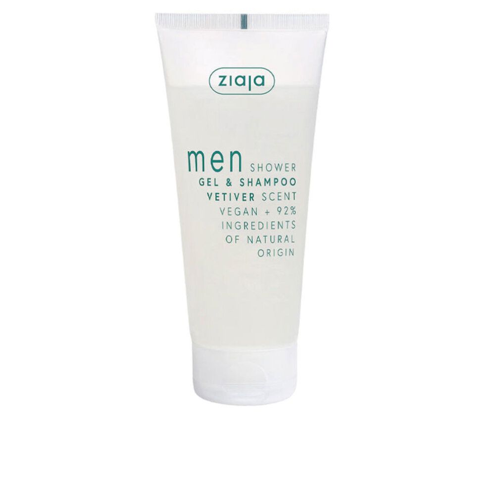 Ziaja Men Duschgel & Shampoo Vetiver. Weiße Tube mit grüner Schrift. Vegan, 92% Inhaltsstoffe natürlichen Ursprungs.