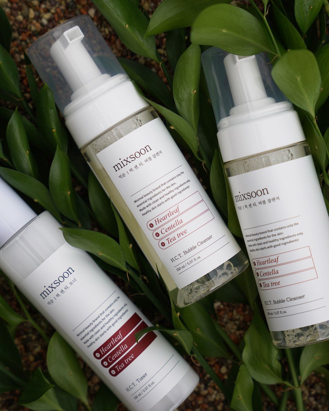 Drei weiße Flaschen mit weißem Deckel. Aufschrift: mixsoon. Auf dem Etikett: Heartleaf, Centella, Tea Tree. Aufschrift: H.C.T. Bubble Cleanser und Toner.