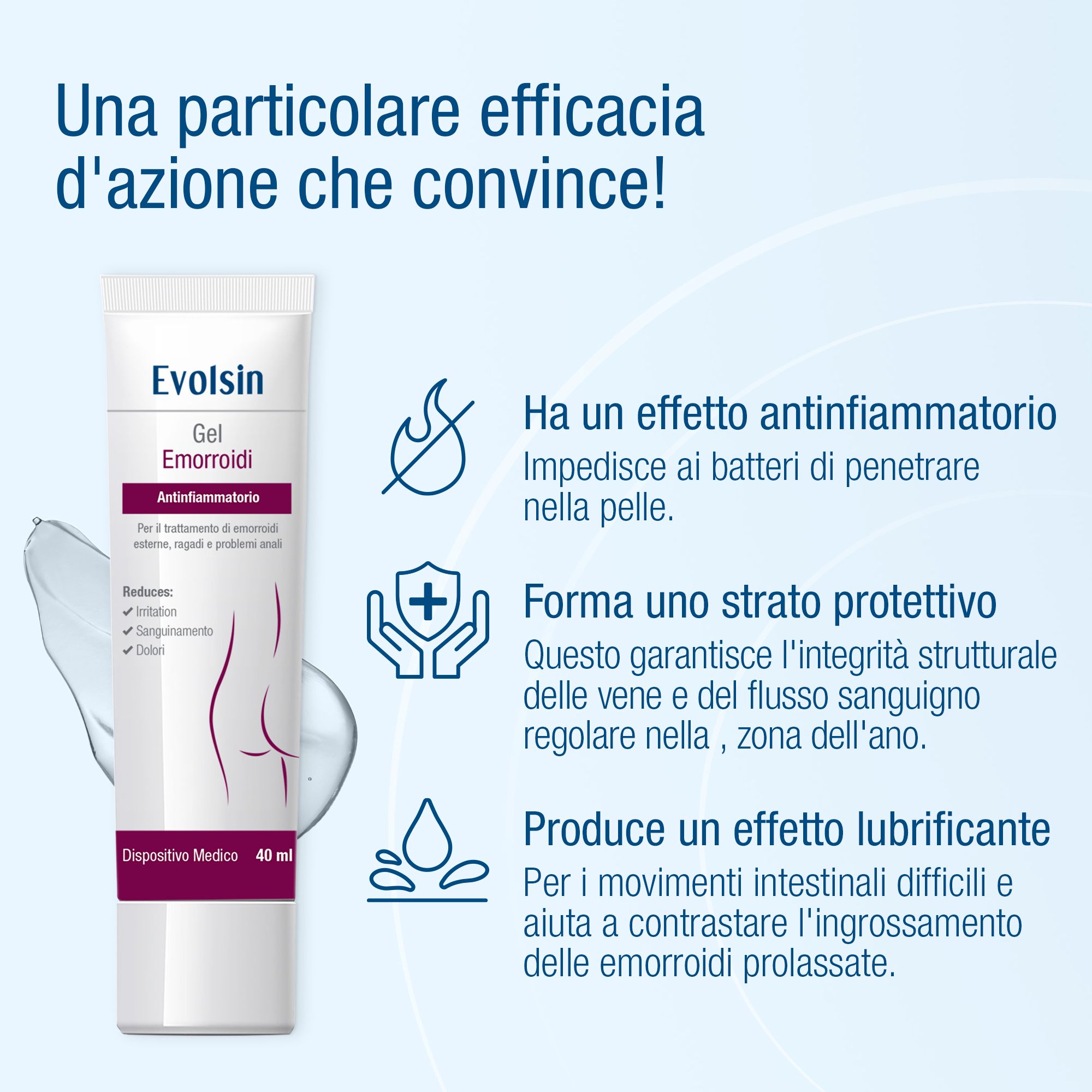 Tubo e scatola di gel. Scritta: Evolsin® Gel Emorroidi. 40 ml. Illustrazioni.