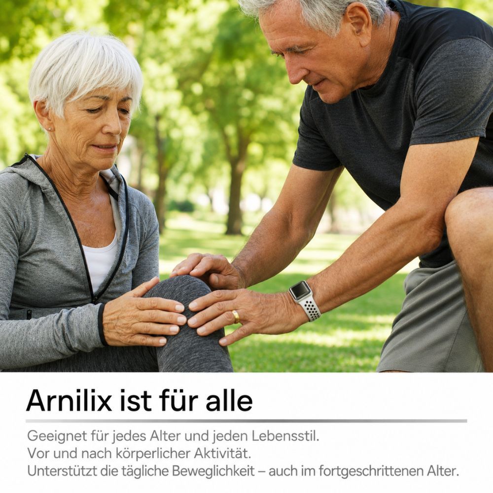 Älteres Paar im Freien, Mann hilft Frau bei Knieschmerzen. Arnilix ist für alle.