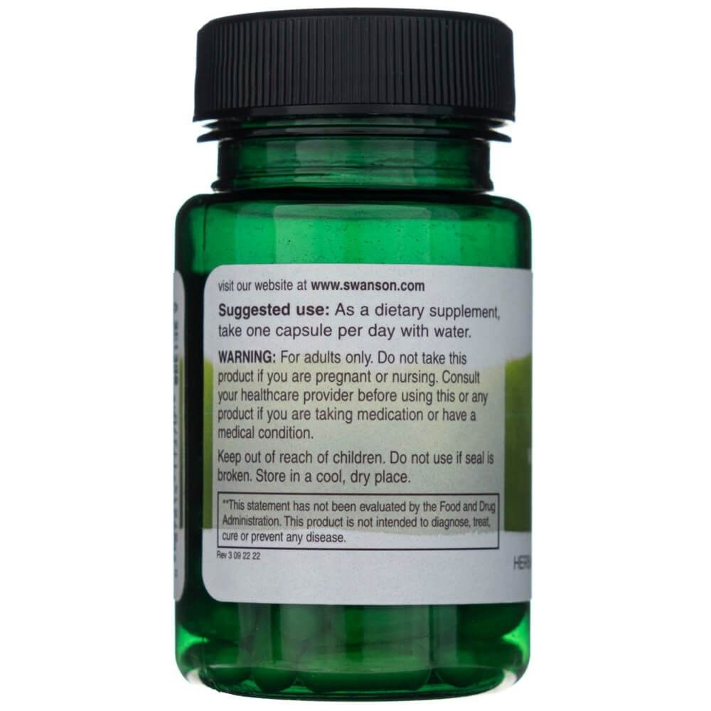 Rückseite der SWANSON Safran 15mg Flasche mit Anwendungshinweisen und Warnungen.