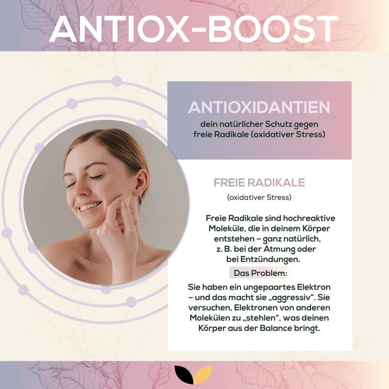 Infografik über Antioxidantien. Frau berührt Wange. Text über freie Radikale und oxidativen Stress. Dose "ANTIOX BOOST" im Hintergrund.
