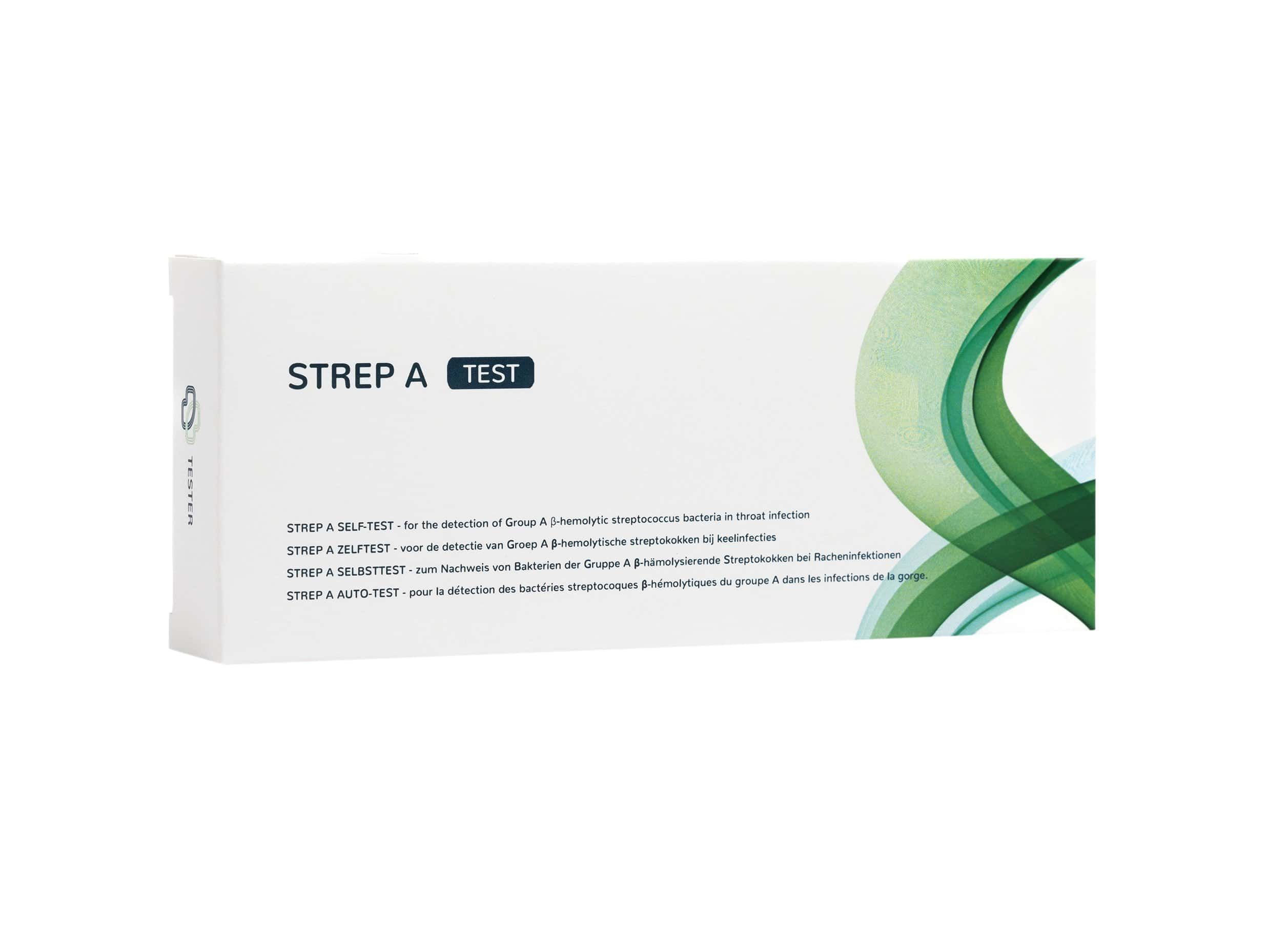 Verpackung des Streptokokken-Schnelltests mit mehrsprachigen Produktinformationen.