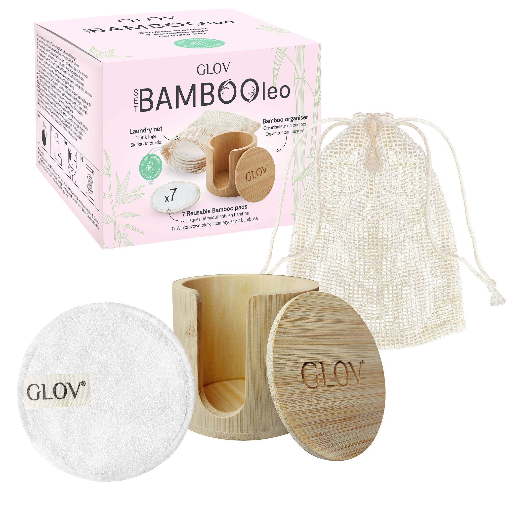 Verpackung und Zubehör für wiederverwendbare Bambus-Pads.