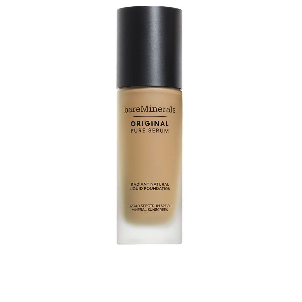 Flüssige Grundierung #Light Warm 2.5 von bareMinerals. Rechteckige Flasche mit schwarzem Deckel. Produktname und Details auf dem Etikett.