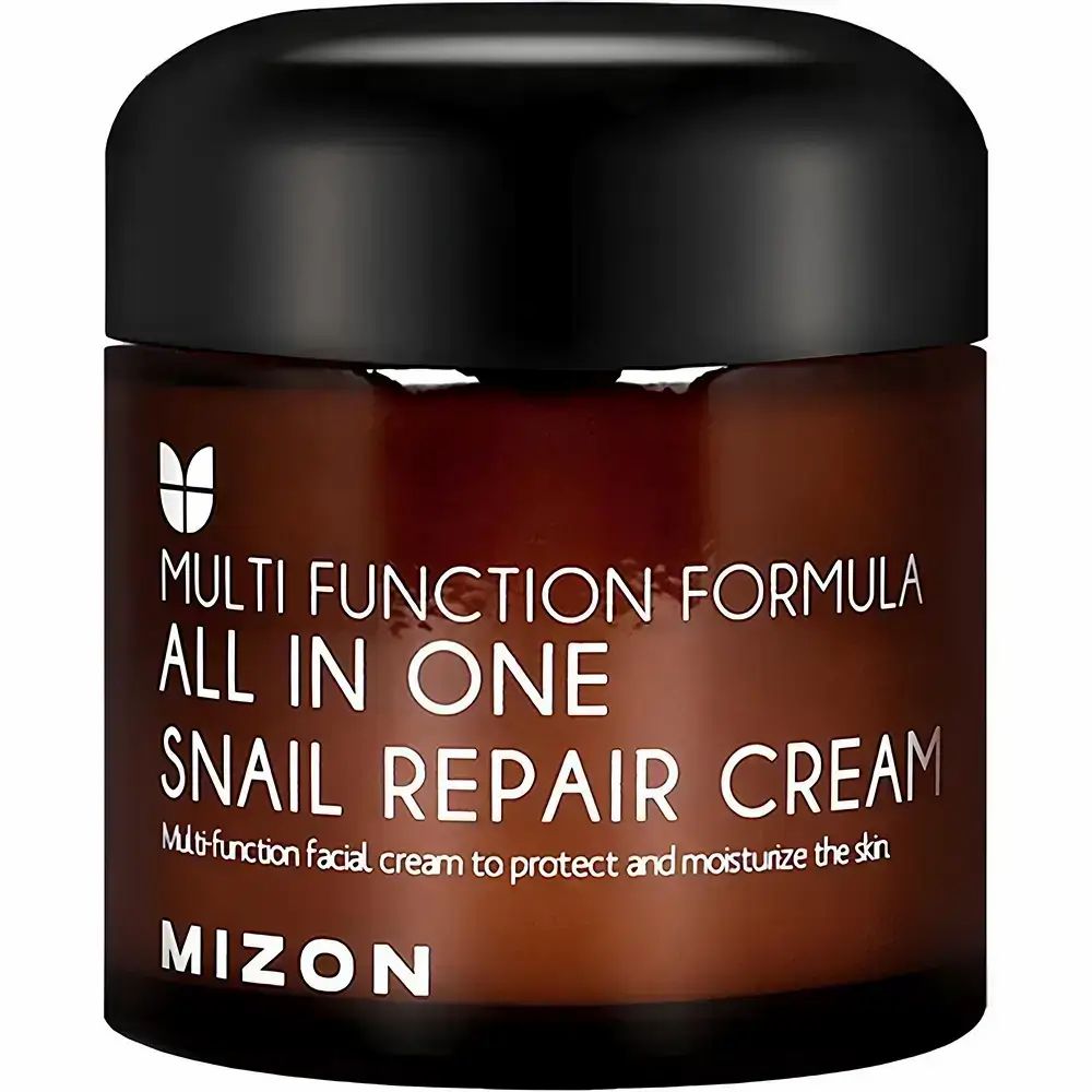 Braune Glasdose mit schwarzem Deckel. Aufschrift: ALL IN ONE SNAIL REPAIR CREAM. Marke: MIZON.