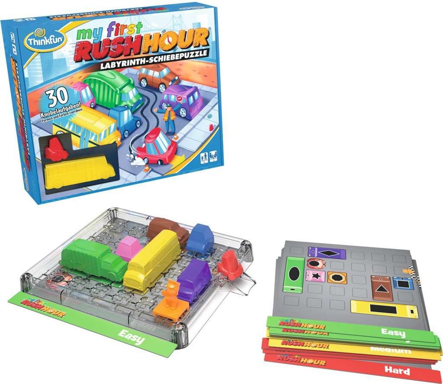 Spiel "My First Rush Hour" mit Spielbrett, Autos und Karten. Enthält 30 Aufgaben. Karten in gelb, rot und grün. Spielbrett mit Gitterstruktur.