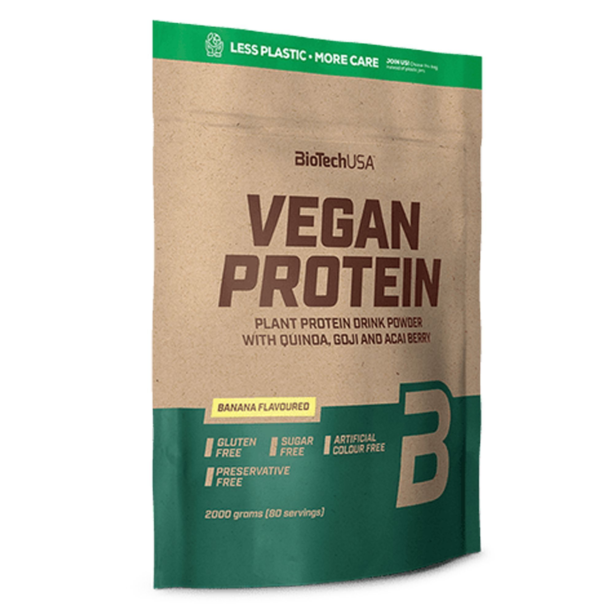 BioTechUSA Vegan Protein Pulver, Bananengeschmack, 2000g Beutel. Glutenfrei, zuckerfrei, konservierungsmittelfrei.