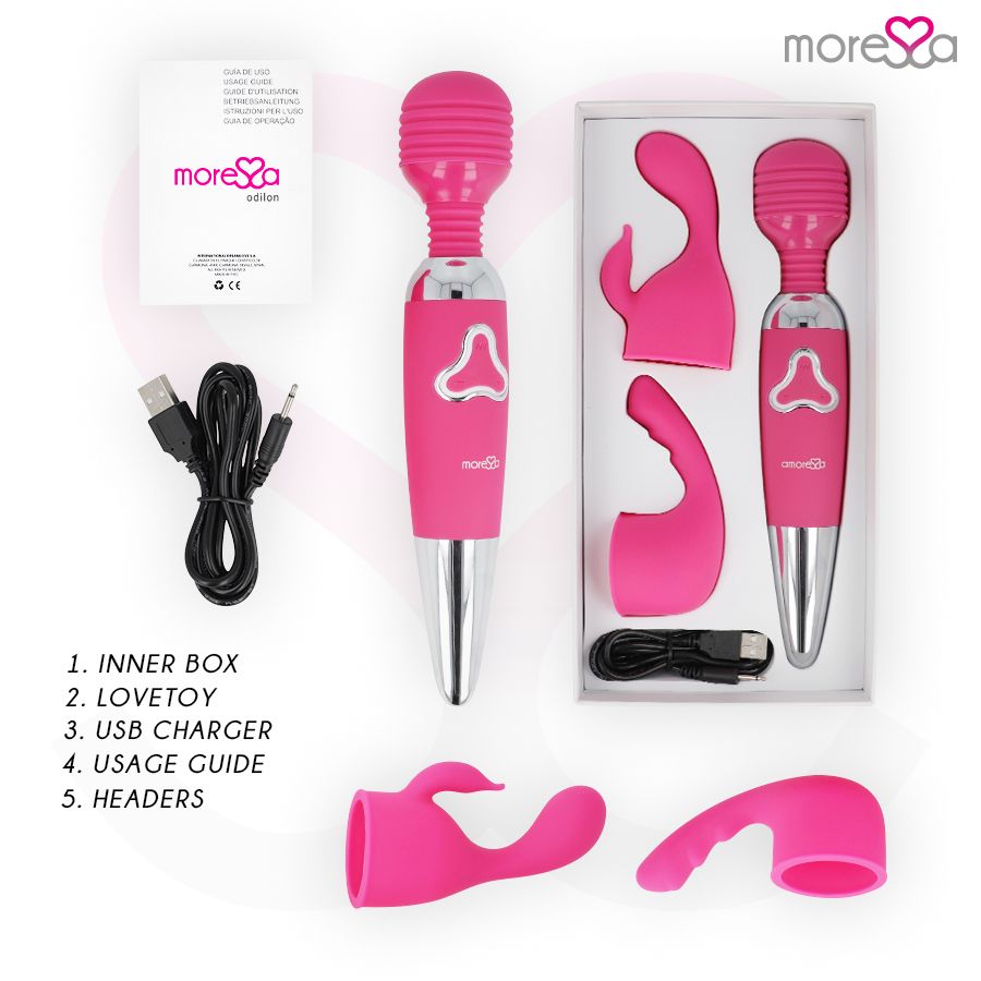Produkt-Set: Vibrator, Aufsätze, Ladekabel, Gebrauchsanweisung. Marke: Moressa.