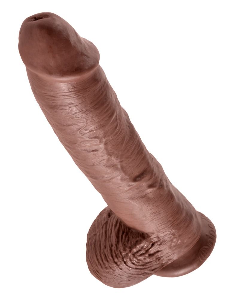 Brauner Dildo, realistische Textur, leicht angewinkelt. Mit Basis.